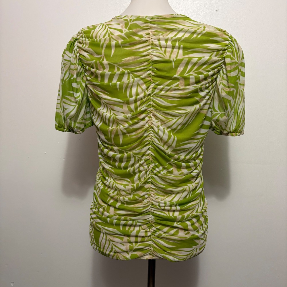 Cato Ruched Mesh Palm Print Top Size M Lime Green Tropical Short Sleeve Blouse - Picture 5 of 8